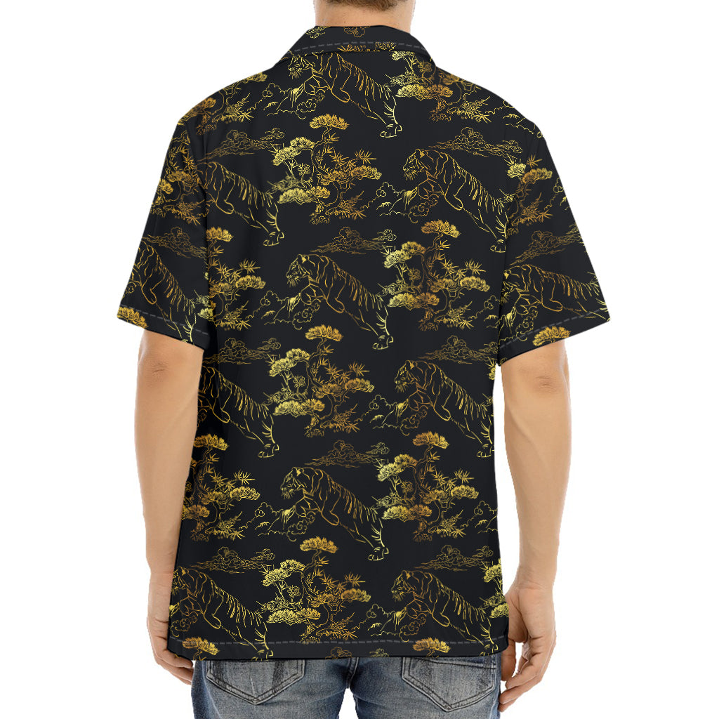 Black And Gold Japanese Tiger Print Aloha Shirt