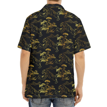 Black And Gold Japanese Tiger Print Aloha Shirt
