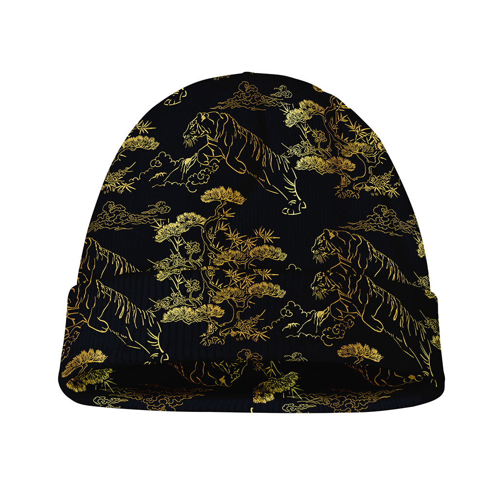Black And Gold Japanese Tiger Print Beanie