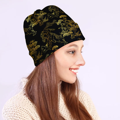 Black And Gold Japanese Tiger Print Beanie