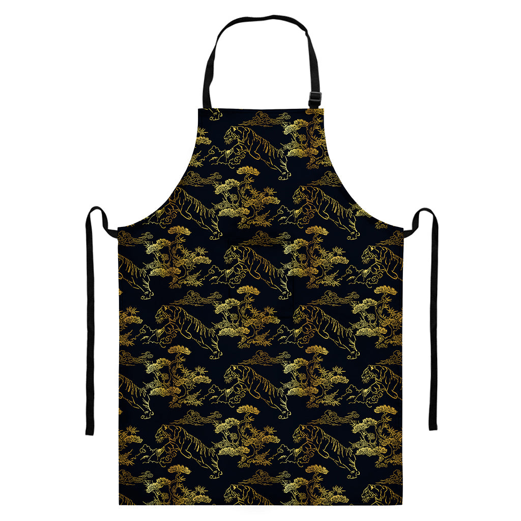 Black And Gold Japanese Tiger Print Bib Apron With Pocket