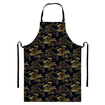 Black And Gold Japanese Tiger Print Bib Apron With Pocket