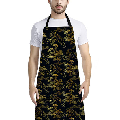 Black And Gold Japanese Tiger Print Bib Apron With Pocket