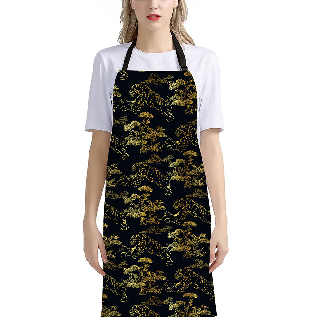 Black And Gold Japanese Tiger Print Bib Apron With Pocket