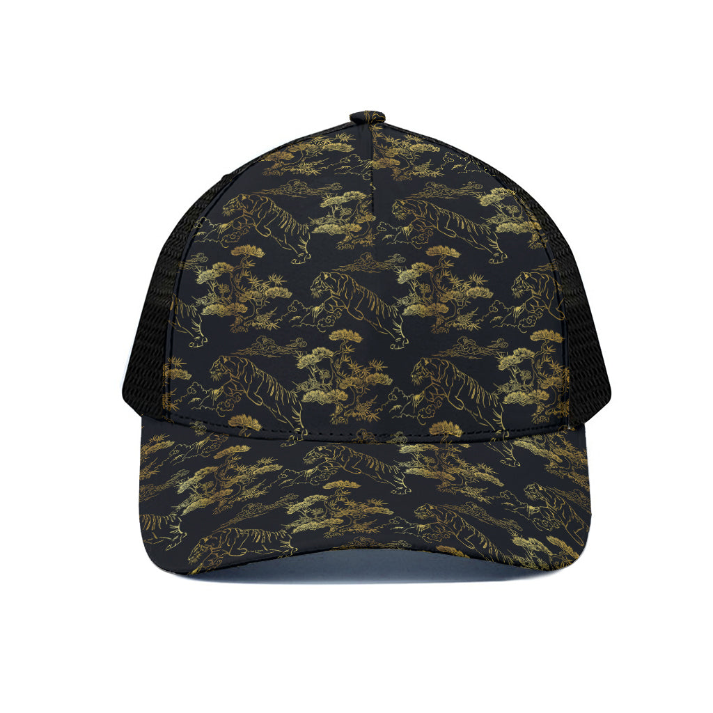 Black And Gold Japanese Tiger Print Black Mesh Trucker Cap