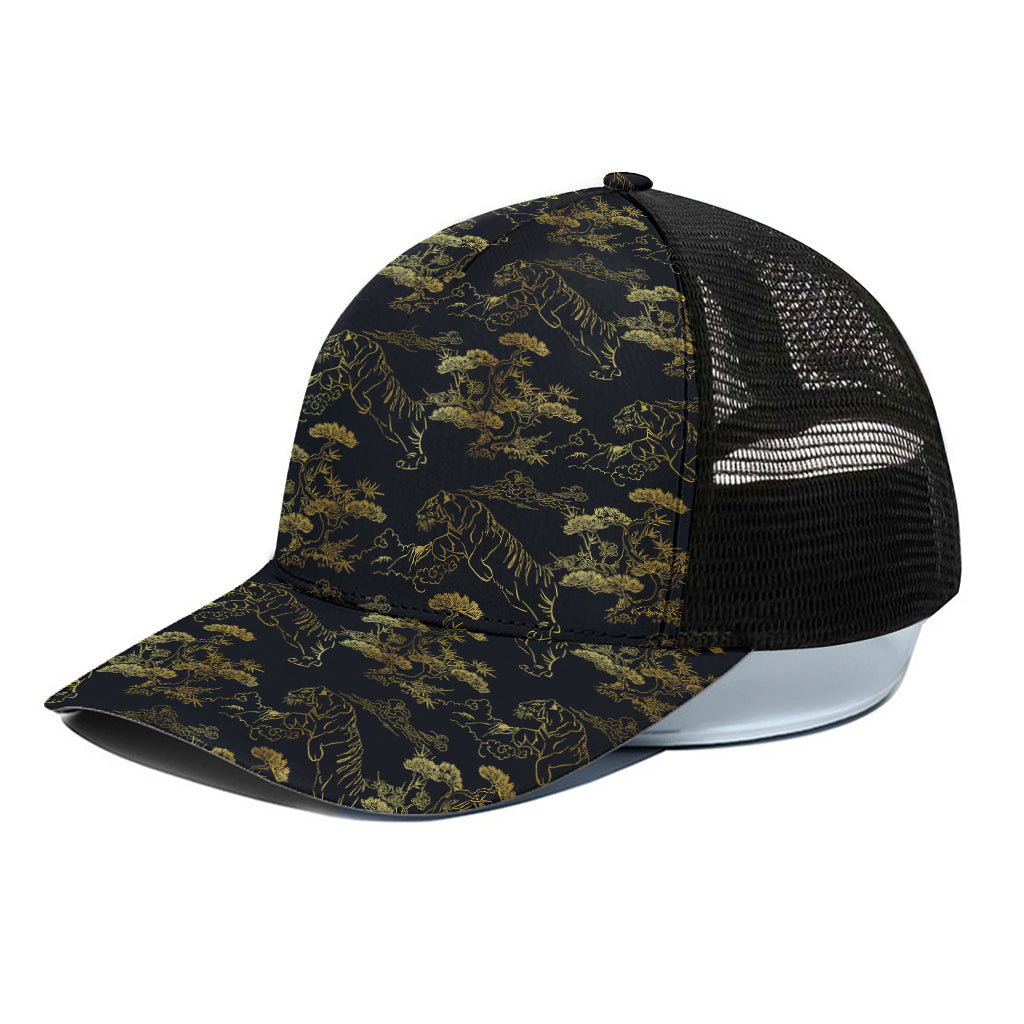 Black And Gold Japanese Tiger Print Black Mesh Trucker Cap