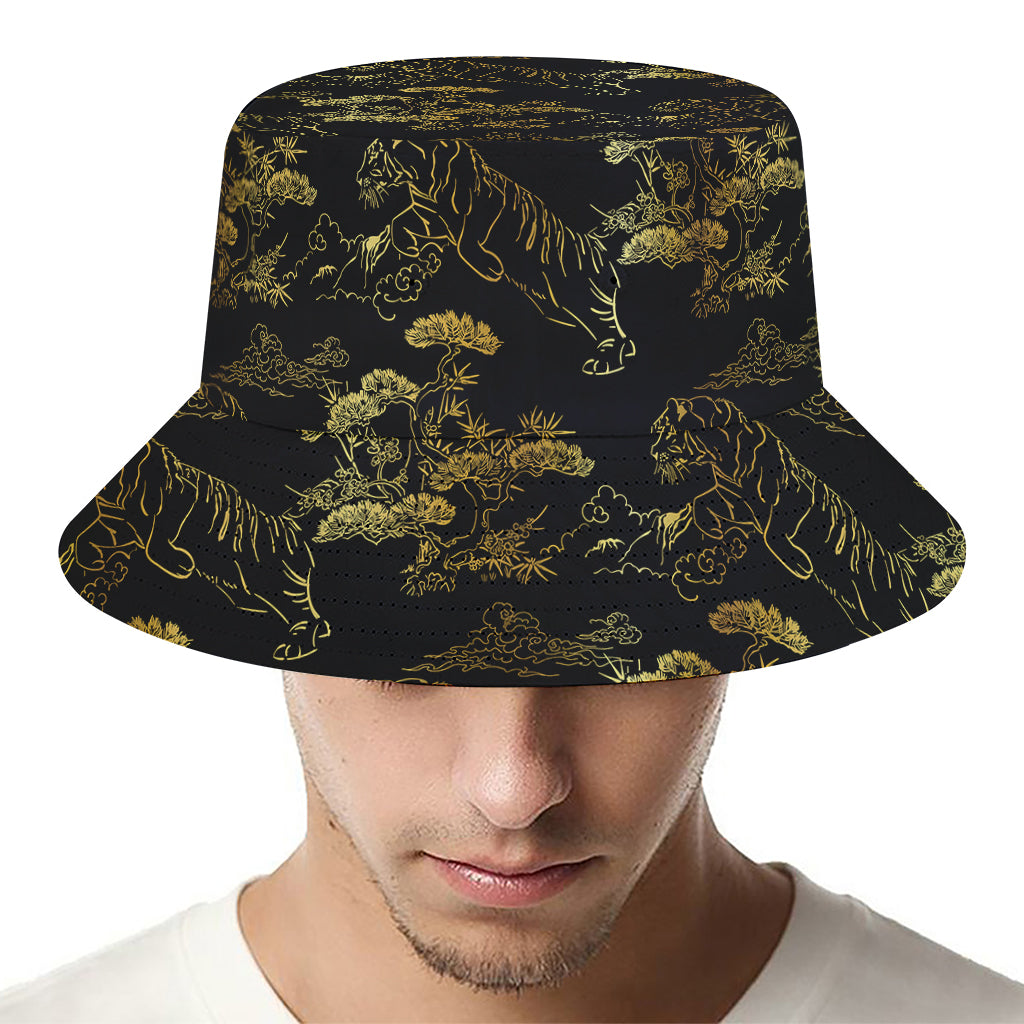 Black And Gold Japanese Tiger Print Bucket Hat