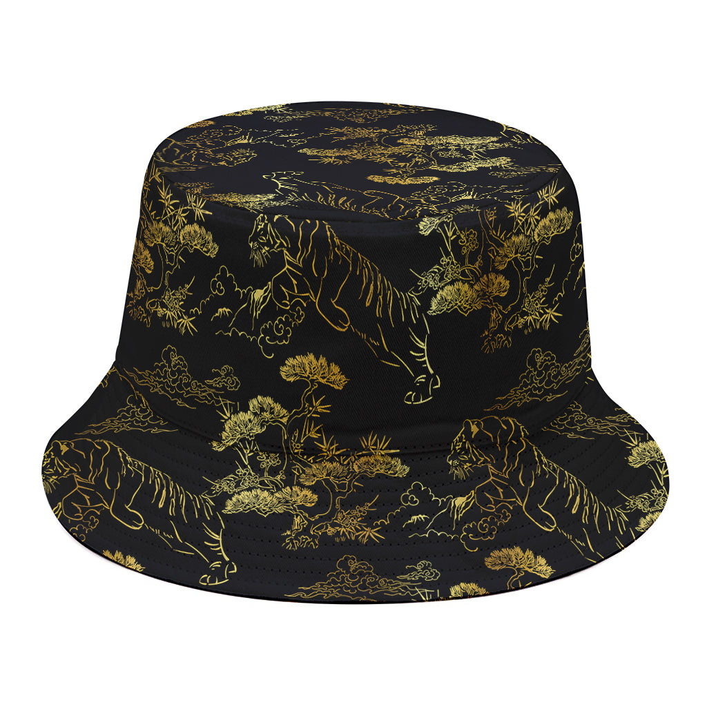 Black And Gold Japanese Tiger Print Bucket Hat
