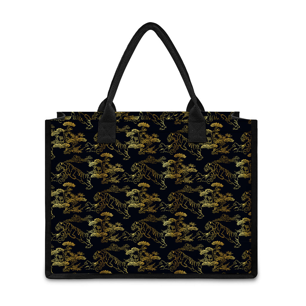 Black And Gold Japanese Tiger Print Canvas Tote Bag