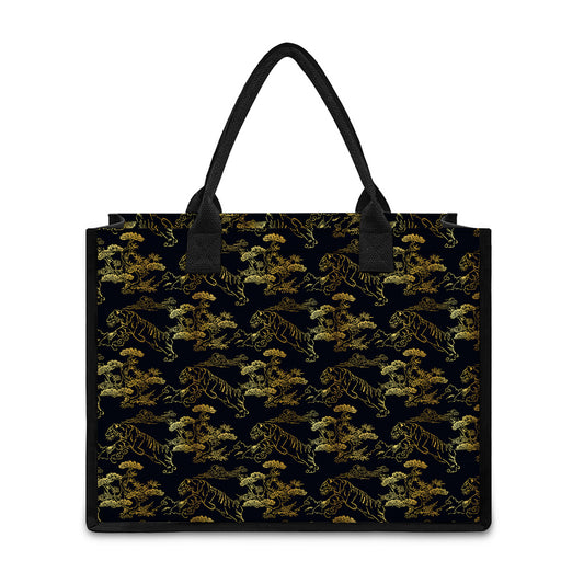 Black And Gold Japanese Tiger Print Canvas Tote Bag