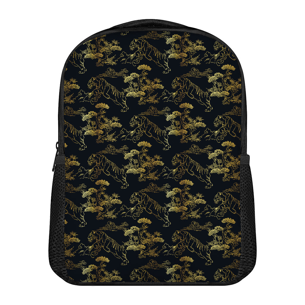 Black And Gold Japanese Tiger Print Casual Backpack