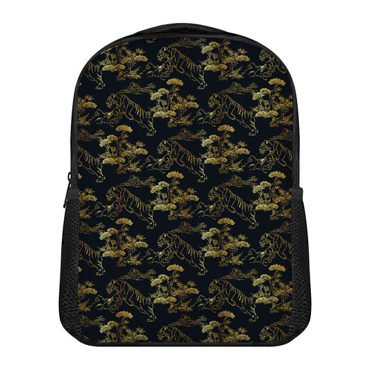 Black And Gold Japanese Tiger Print Casual Backpack