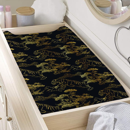 Black And Gold Japanese Tiger Print Changing Pad Cover