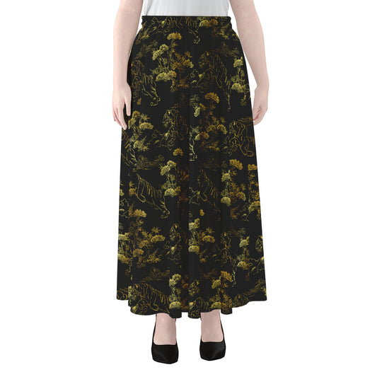 Black And Gold Japanese Tiger Print Chiffon Maxi Skirt