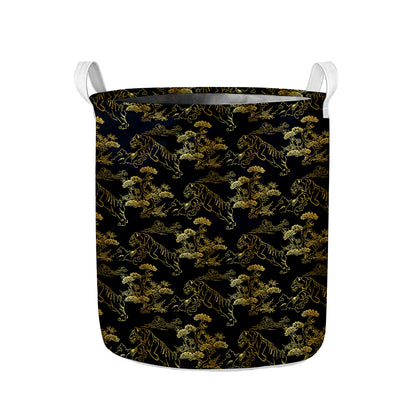Black And Gold Japanese Tiger Print Collapsible Laundry Basket
