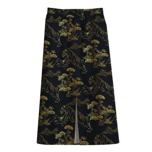 Black And Gold Japanese Tiger Print Cotton Front Slit Maxi Skirt