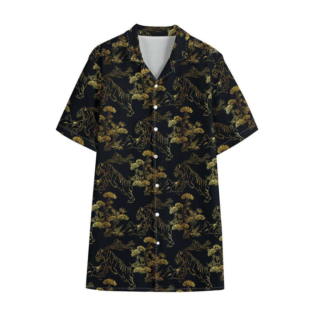 Black And Gold Japanese Tiger Print Cotton Hawaiian Shirt