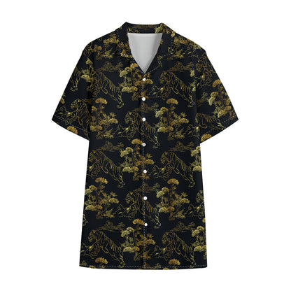 Black And Gold Japanese Tiger Print Cotton Hawaiian Shirt