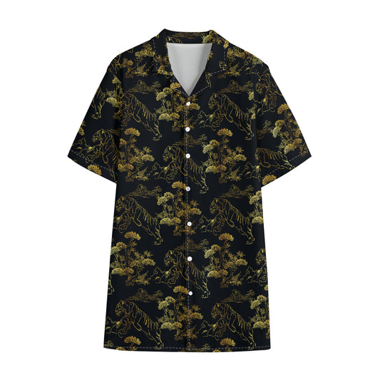 Black And Gold Japanese Tiger Print Cotton Hawaiian Shirt