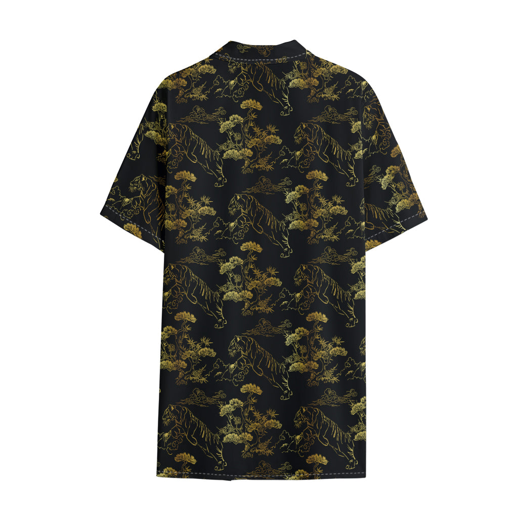 Black And Gold Japanese Tiger Print Cotton Hawaiian Shirt