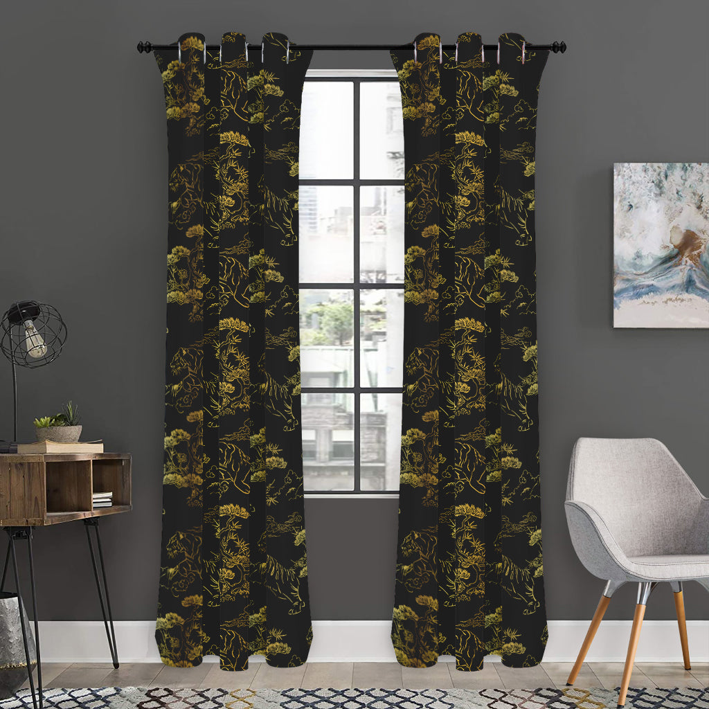 Black And Gold Japanese Tiger Print Curtain