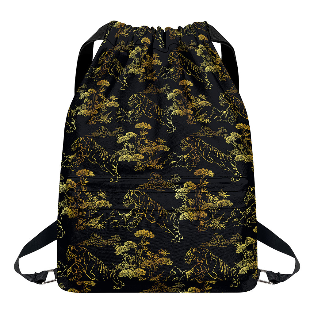 Black And Gold Japanese Tiger Print Drawstring Backpack