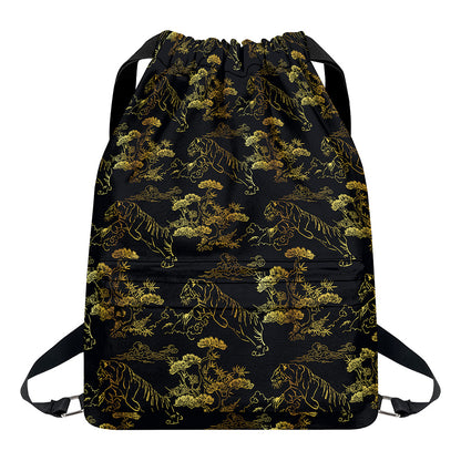 Black And Gold Japanese Tiger Print Drawstring Backpack