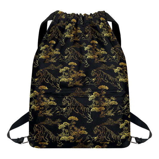 Black And Gold Japanese Tiger Print Drawstring Backpack