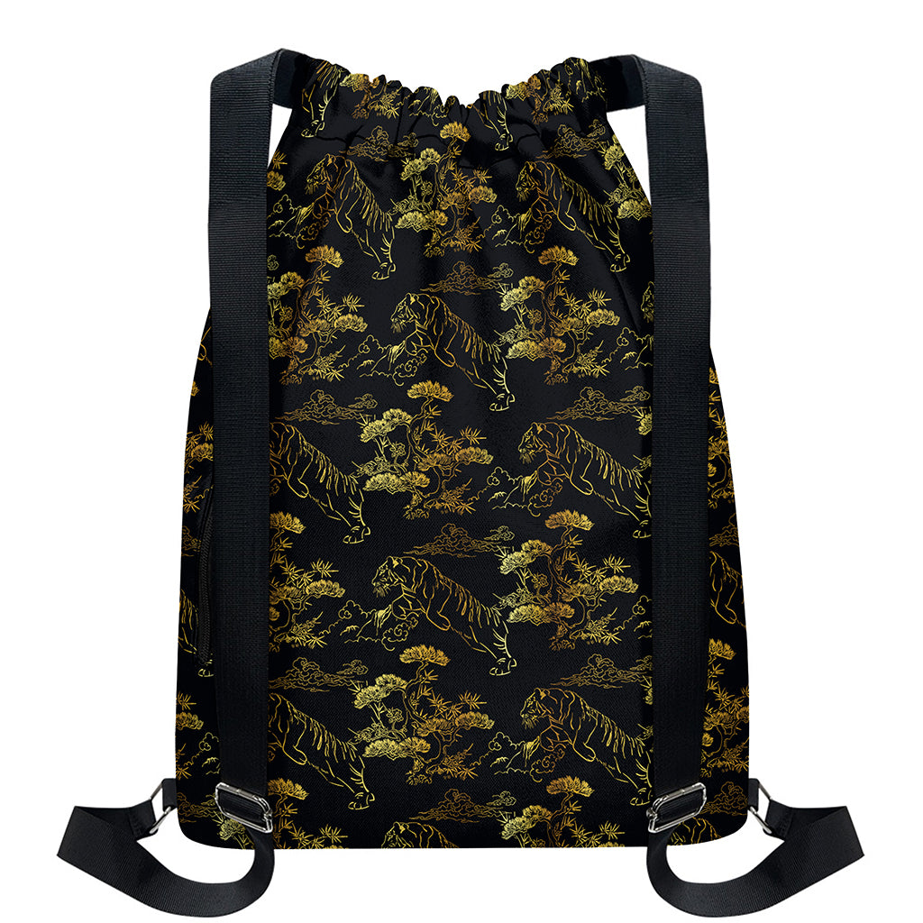 Black And Gold Japanese Tiger Print Drawstring Backpack