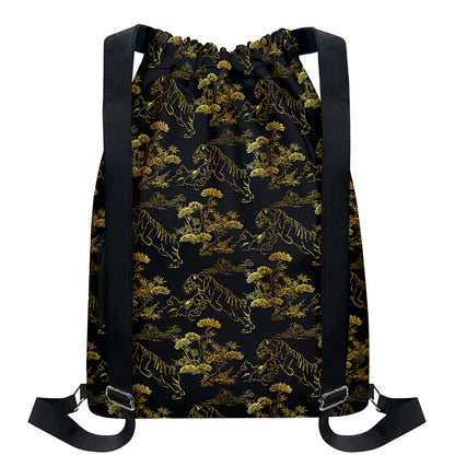 Black And Gold Japanese Tiger Print Drawstring Backpack