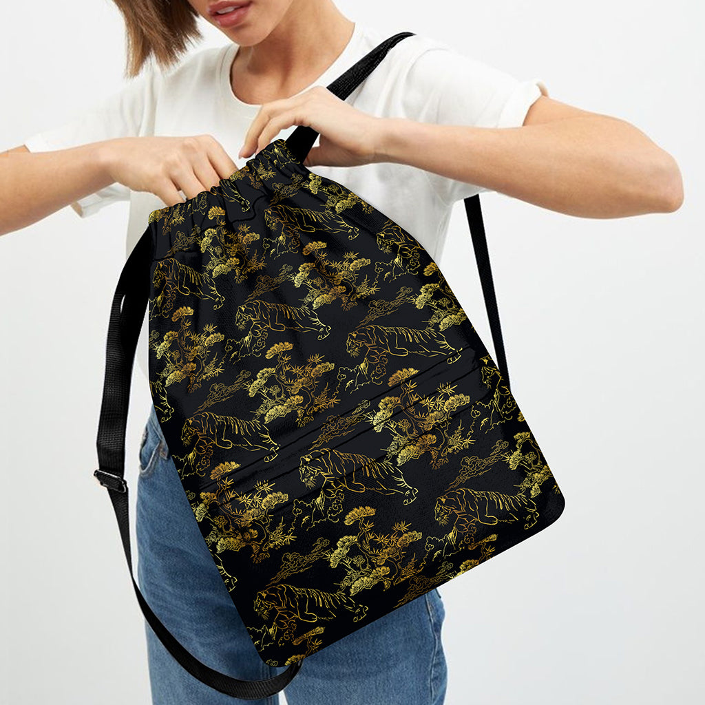 Black And Gold Japanese Tiger Print Drawstring Backpack