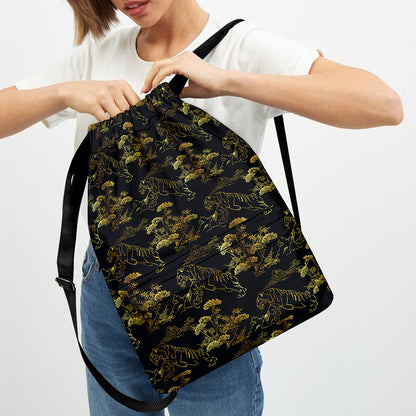 Black And Gold Japanese Tiger Print Drawstring Backpack