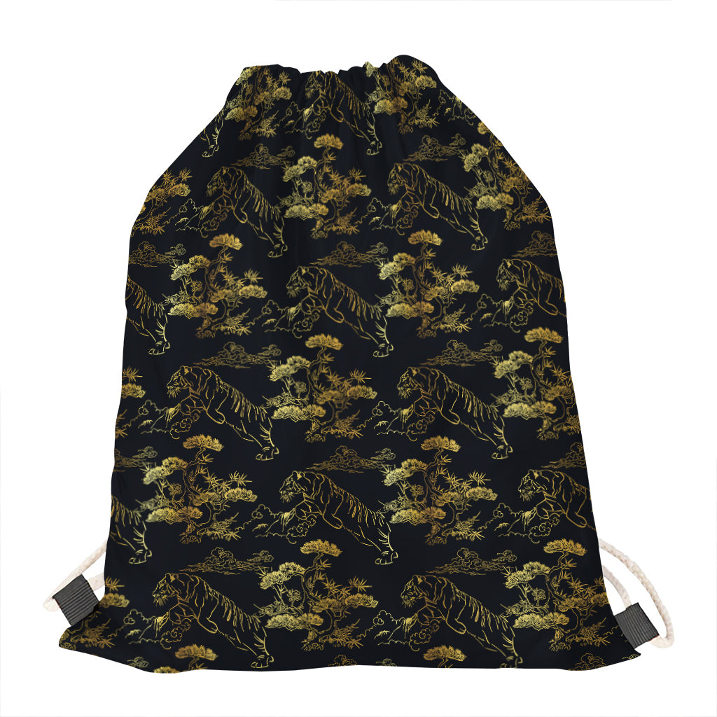 Black And Gold Japanese Tiger Print Drawstring Bag