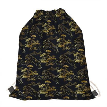 Black And Gold Japanese Tiger Print Drawstring Bag