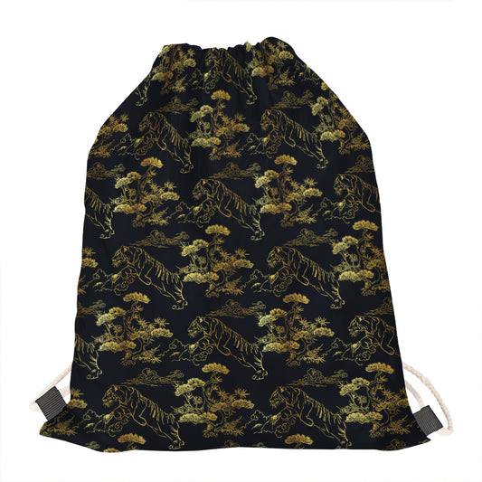 Black And Gold Japanese Tiger Print Drawstring Bag