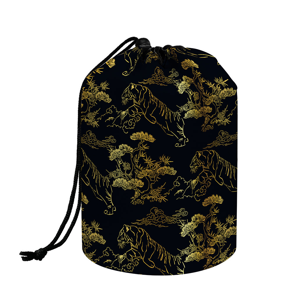Black And Gold Japanese Tiger Print Drawstring Makeup Bag
