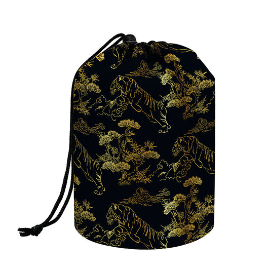 Black And Gold Japanese Tiger Print Drawstring Makeup Bag
