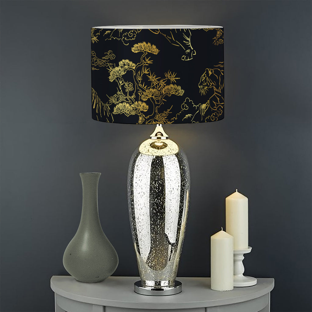 Black And Gold Japanese Tiger Print Drum Lamp Shade
