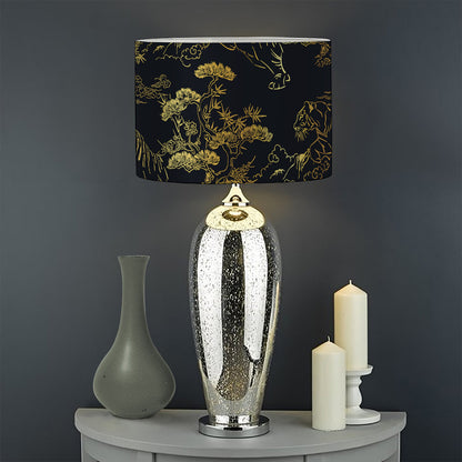 Black And Gold Japanese Tiger Print Drum Lamp Shade