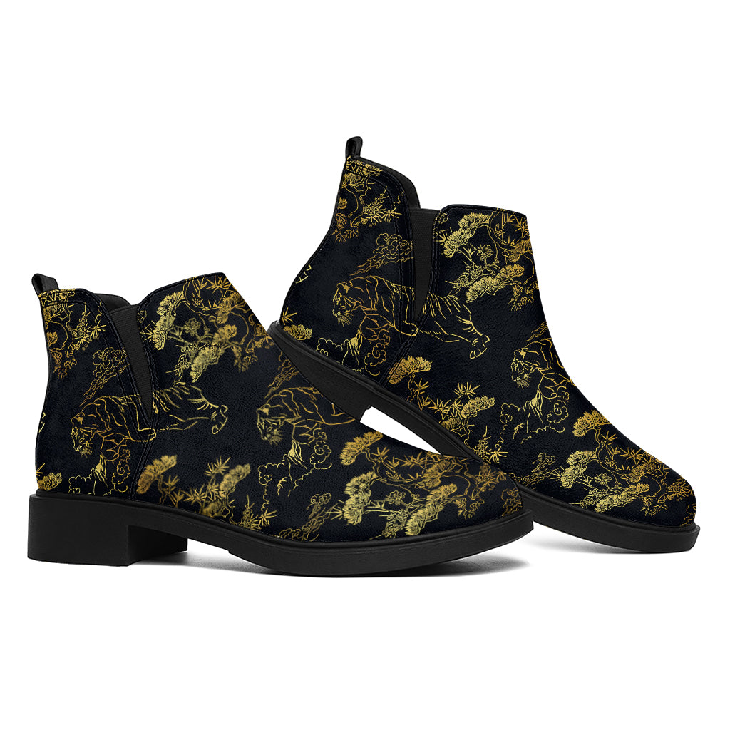 Black And Gold Japanese Tiger Print Flat Ankle Boots