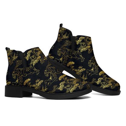 Black And Gold Japanese Tiger Print Flat Ankle Boots