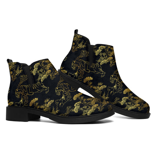 Black And Gold Japanese Tiger Print Flat Ankle Boots