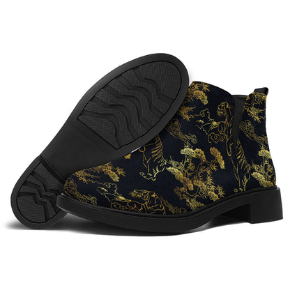 Black And Gold Japanese Tiger Print Flat Ankle Boots
