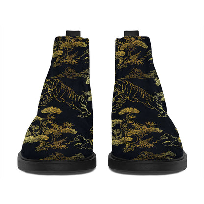 Black And Gold Japanese Tiger Print Flat Ankle Boots