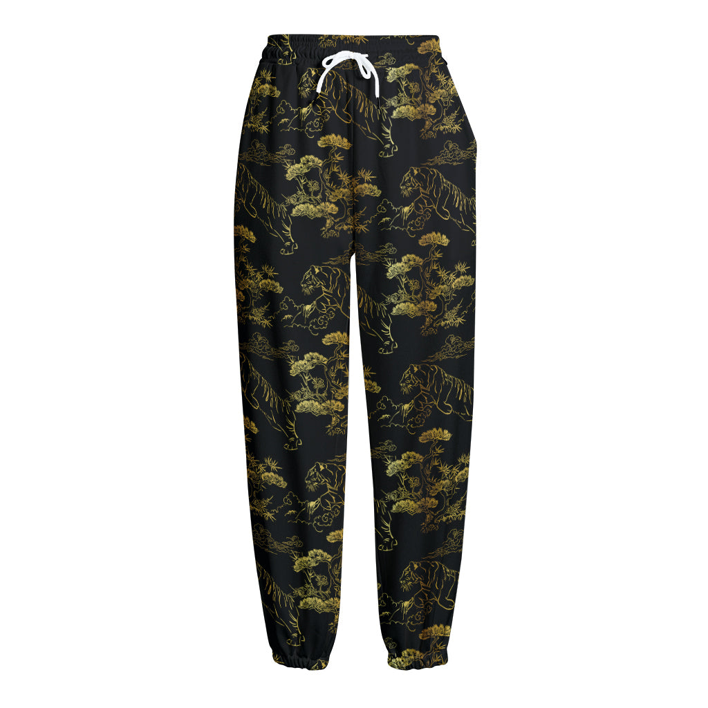 Black And Gold Japanese Tiger Print Fleece Lined Knit Pants