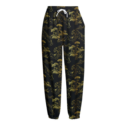 Black And Gold Japanese Tiger Print Fleece Lined Knit Pants
