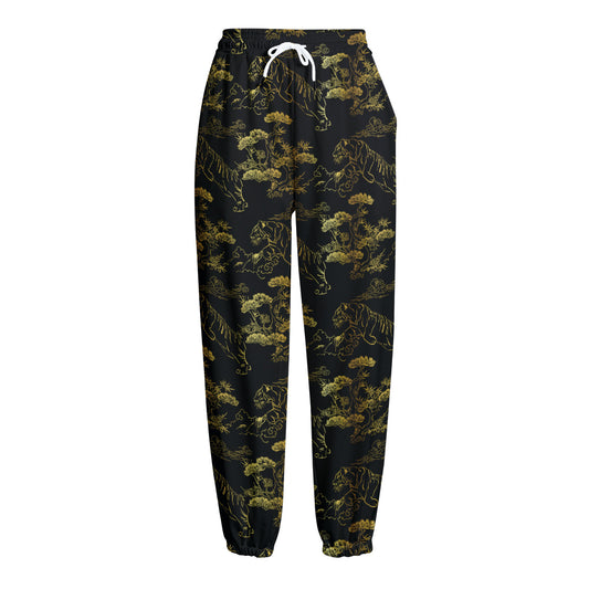 Black And Gold Japanese Tiger Print Fleece Lined Knit Pants
