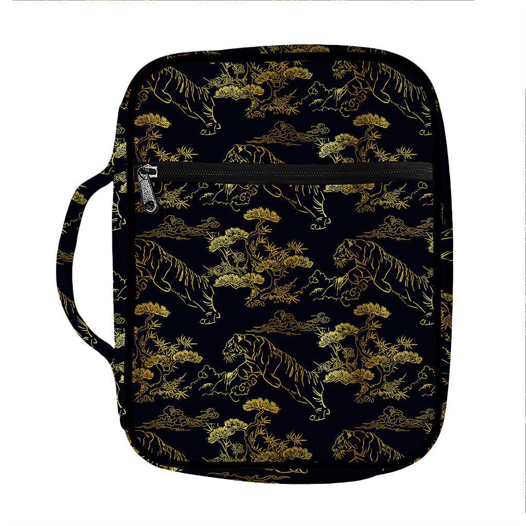 Black And Gold Japanese Tiger Print Front Pocket Bible Bag