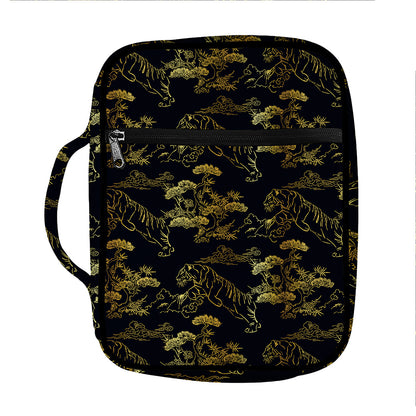 Black And Gold Japanese Tiger Print Front Pocket Bible Bag