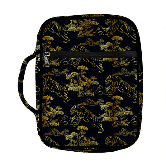 Black And Gold Japanese Tiger Print Front Pocket Bible Bag
